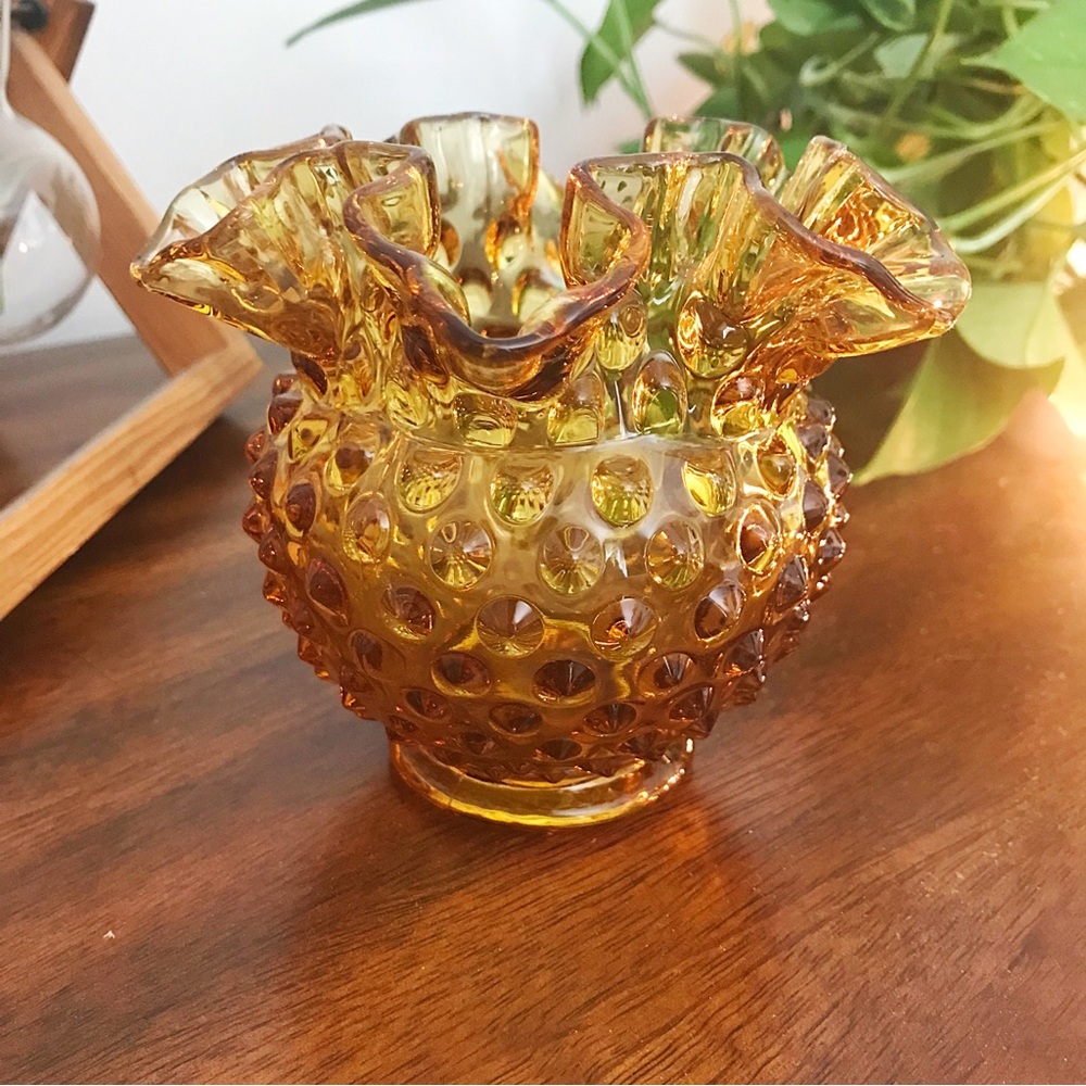 Vintage Fenton 1970s Amber Hobnail Glass Petite Ruffled Vase - Home Accents